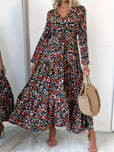 Plus Size Boho Dress, Women's Plus Ditsy Floral Print Long Sleeve V Neck Smock Maxi Dress