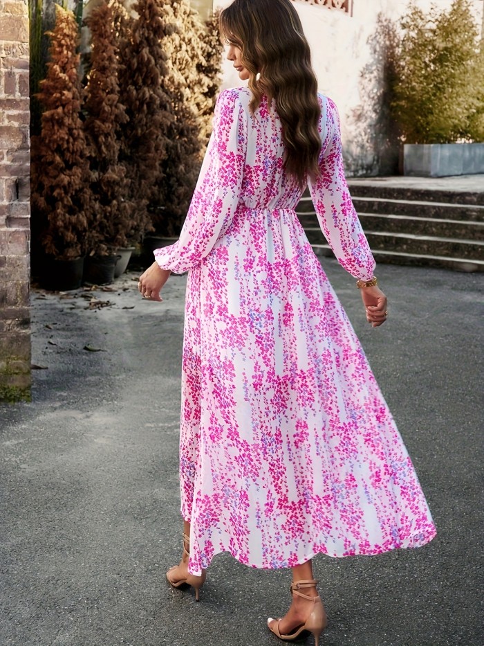 Floral Print Maxi Dress, Casual V Neck Long Sleeve Dress, Women's Clothing