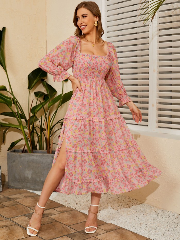 Floral Print Split Shirred Dress, Elegant Squared Neck Long Sleeve Dress, Women's Clothing