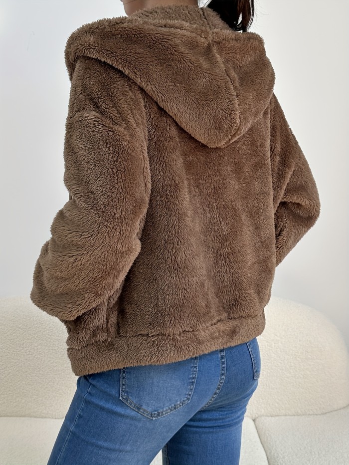Fuzzy Hooded Fall & Winter Jacket, Casual Zip Up Drawstring Outerwear, Women's Clothing