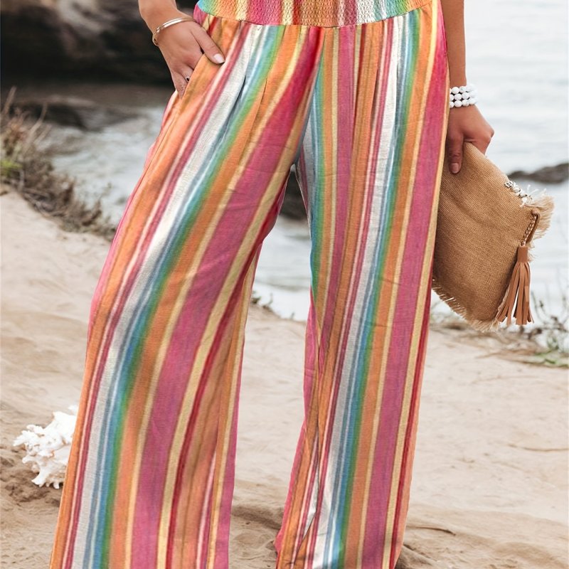 Striped Print Straight Leg Pants, Casual Shirred Loose Pants For Spring & Fall, Women's Clothing