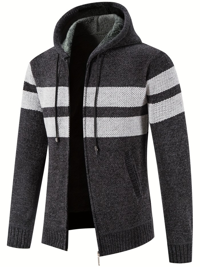 Block Color Warm Fleece Hooded Jacket, Men's Casual Slightly Stretch Zip Up Jacket Coat For Fall Winter