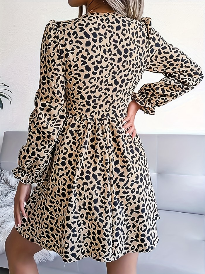 Leopard Print V Neck Dress, Elegant Long Sleeve Dress For Spring, Women's Clothing