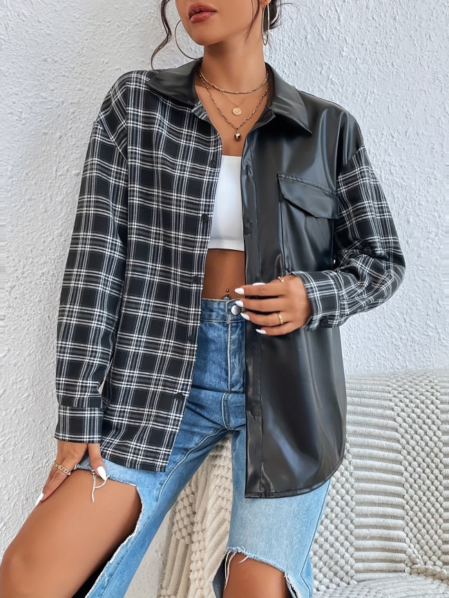 Print Faux Leather Splicing Shirt, Casual Button Front Long Sleeve Top For Spring & Fall
