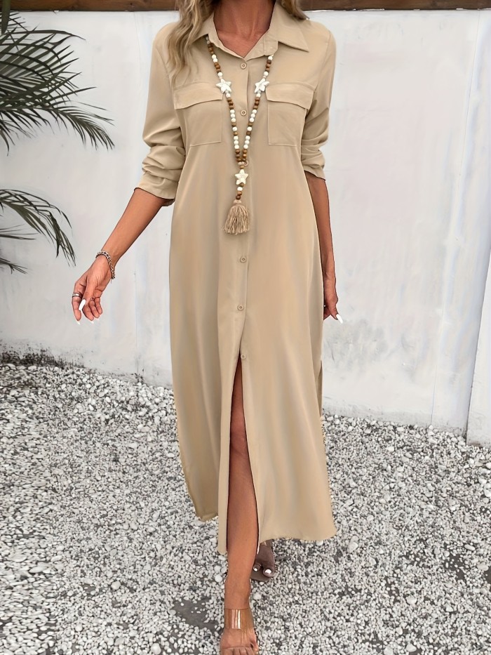 Button Front Split Hem Shirt Dress, Casual Long Sleeve Lapel Neck Dress For Spring & Fall