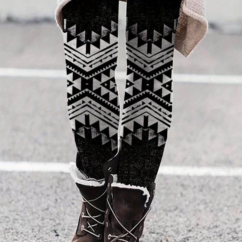 Aztec Print Slim Leggings, Boho Long Length Versatile Leggings, Women's Clothing