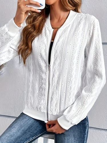 Jacquard Zip Up Bomber Jacket, Casual Long Sleeve Outwear For Spring & Fall, Women's Clothing