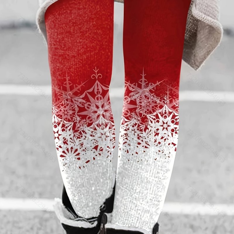 Plus Size Casual Leggings, Women's Plus Snowflake Print Elastic High Rise Slight Stretch Leggings