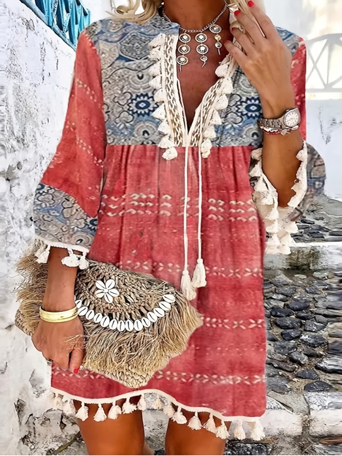 Retro Print Boho Dress, V Neck Tassels Casual Dress For Spring & Summer, Women's Clothing