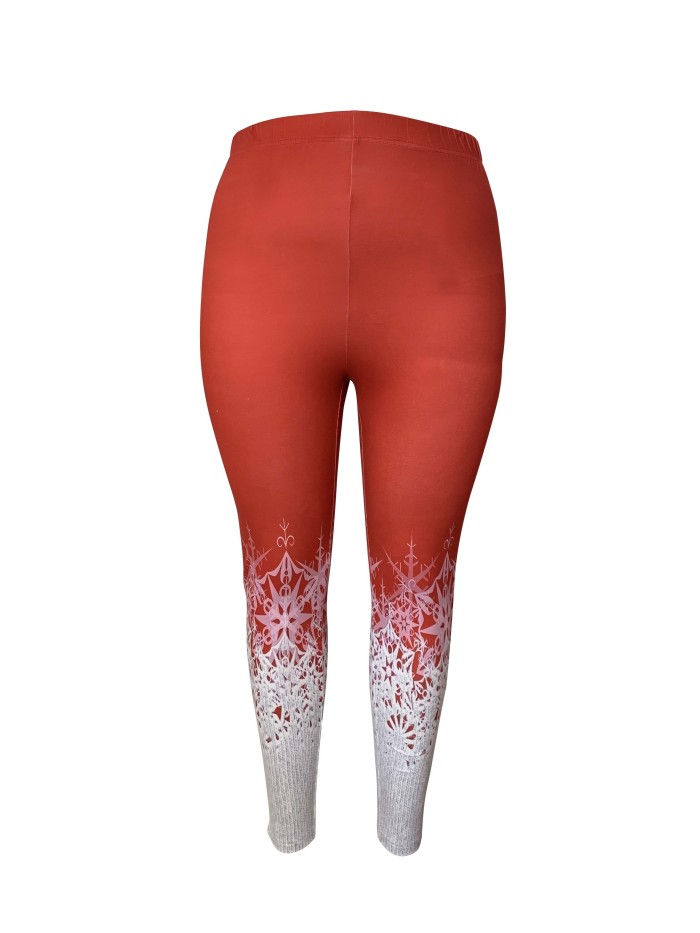 Plus Size Casual Leggings, Women's Plus Snowflake Print Elastic High Rise Slight Stretch Leggings