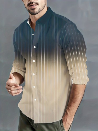 Stripe Print, Men's Gradient Color Button Up Trendy Comfy Long Sleeve Shirt For Summer Autumn, Mens Clothing