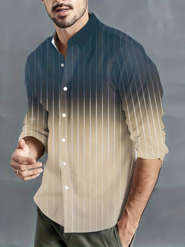 Stripe Print, Men's Gradient Color Button Up Trendy Comfy Long Sleeve Shirt For Summer Autumn, Mens Clothing