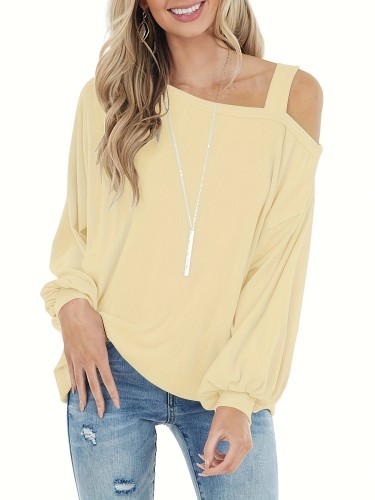 Solid Cold Shoulder T-Shirt, Casual Long Sleeve Top For Spring & Fall, Women's Clothing