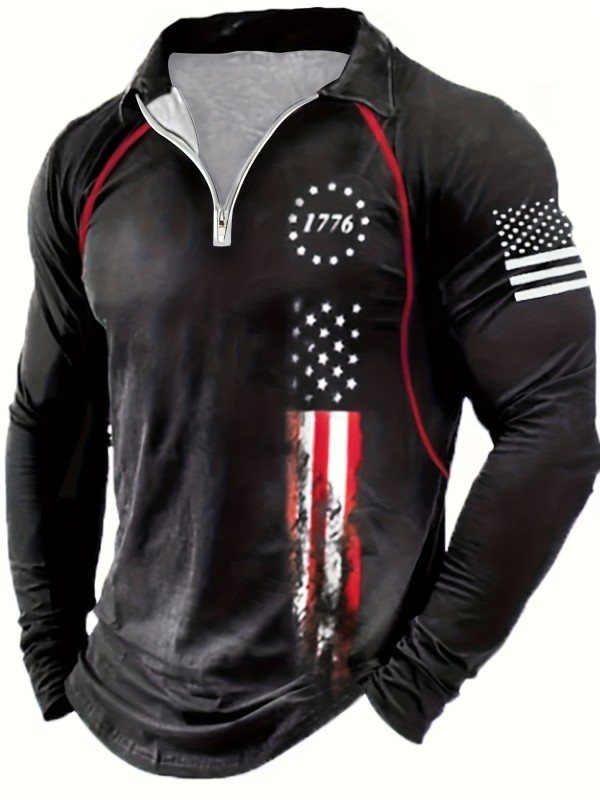 Vintage Distressed American Flag Print Men's Long Sleeve Zipper Shirt, Spring Fall