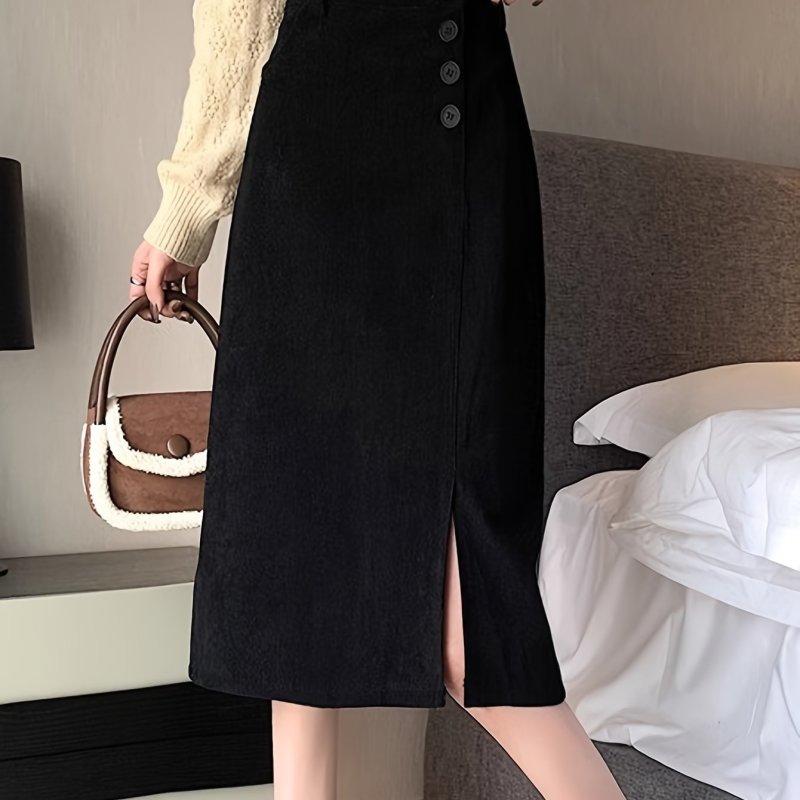 Solid Single Breasted Corduroy Skirt, Versatile Split Skirt For Spring & Fall, Women's Clothing