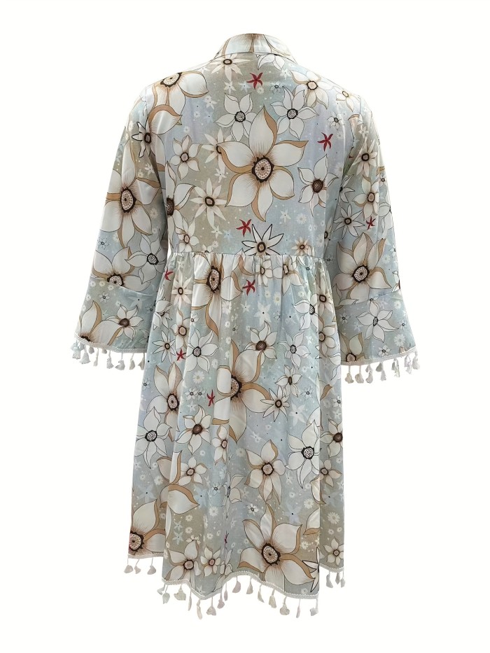 Retro Print Boho Dress, V Neck Tassels Casual Dress For Spring & Summer, Women's Clothing