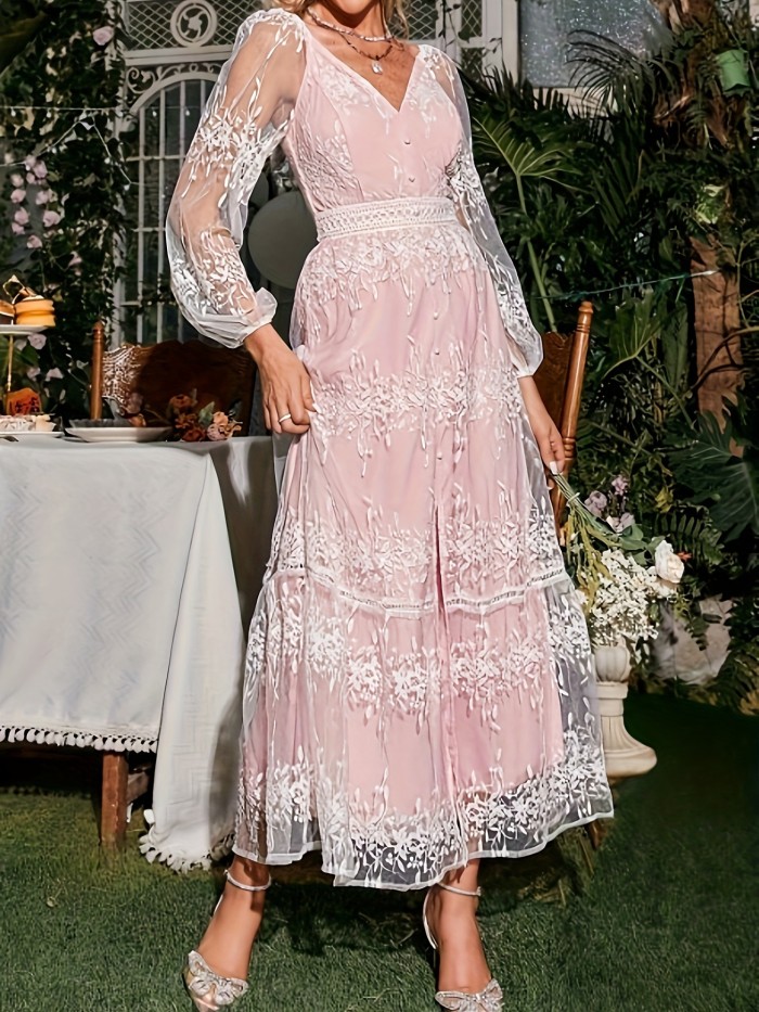 Contrast Lace Split Dress, Elegant V Neck Long Sleeve Dress, Women's Clothing