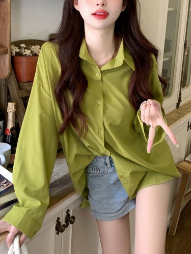 Solid Polo Collar Button Shirt, Casual Long Sleeve Shirt For Spring & Fall, Women's Clothing