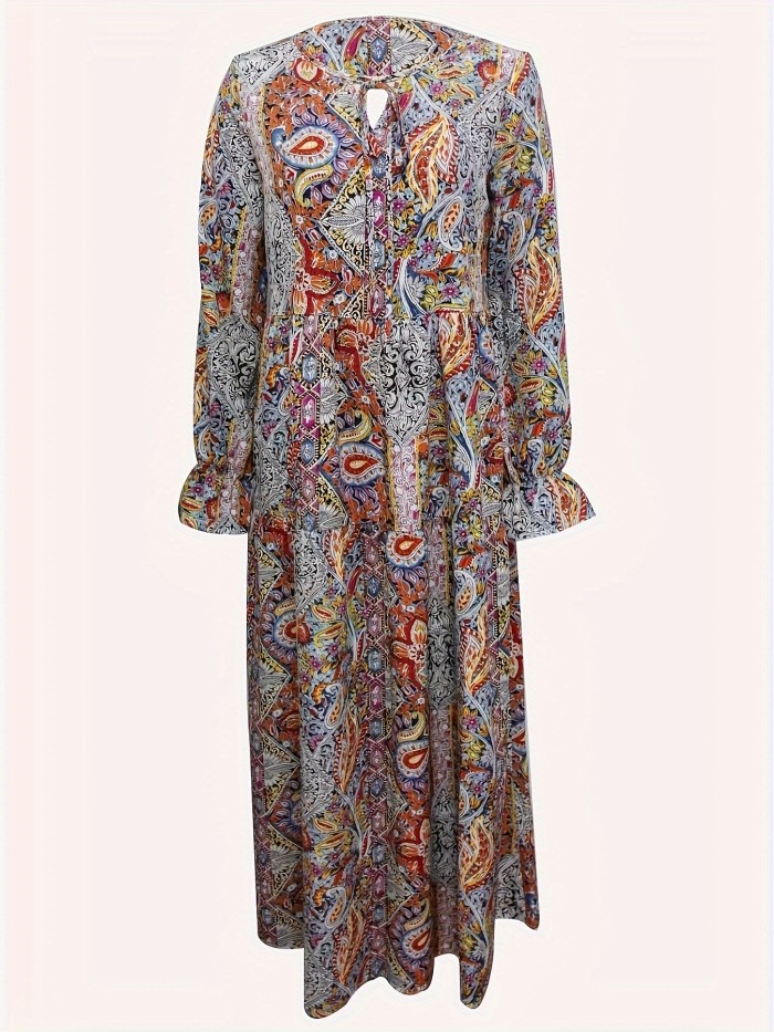 Paisley Print Tie Front Dress, Boho Long Sleeve Maxi Dress, Women's Clothing