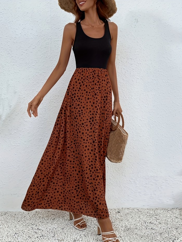 Print A-line Tank Dress, Casual Scoop Neck Dress For Spring & Fall, Women's Clothing