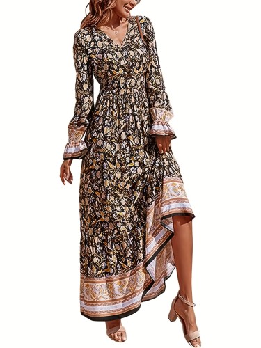 Floral Print Maxi Dress, Boho V Neck Long Sleeve Dress, Women's Clothing