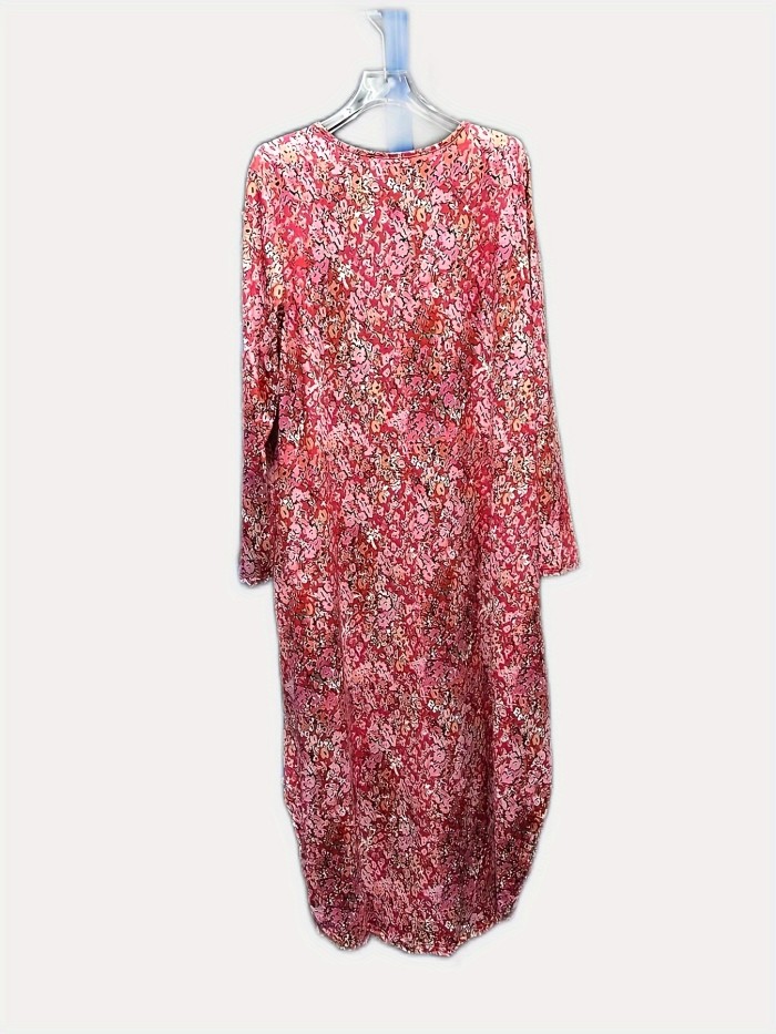 Plus Size Casual Dress, Women's Plus Allover Ditsy Print Long Sleeve Round Neck Maxi Dress With Pockets