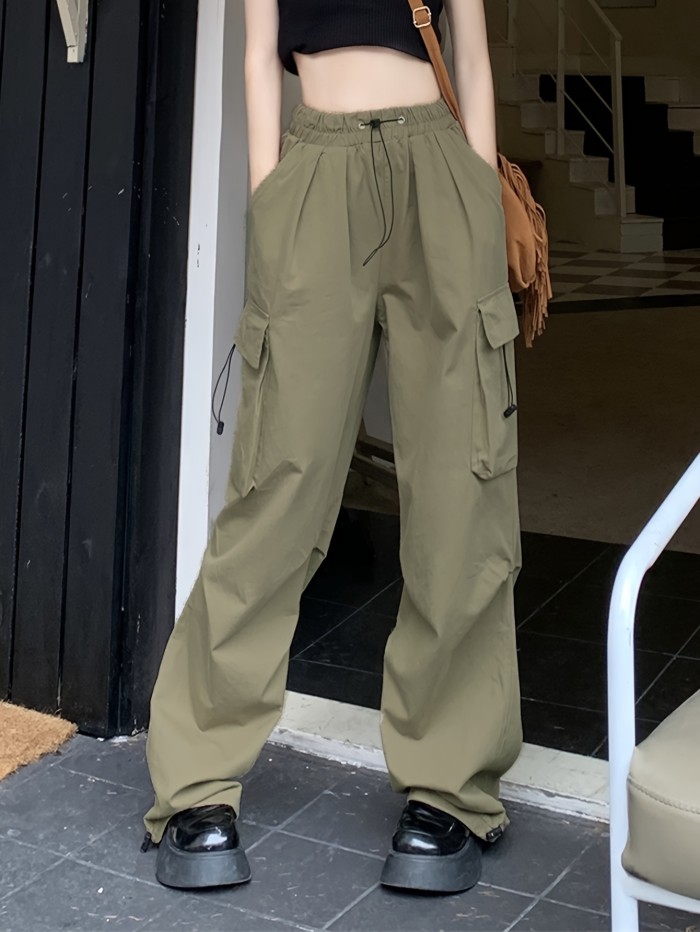 Flap Pockets Drawstring Cargo Pants, Casual Solid Loose Pants For Fall & Winter, Women's Clothing