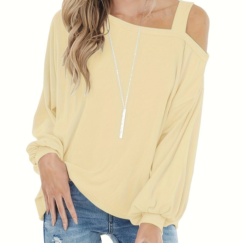 Solid Cold Shoulder T-Shirt, Casual Long Sleeve Top For Spring & Fall, Women's Clothing