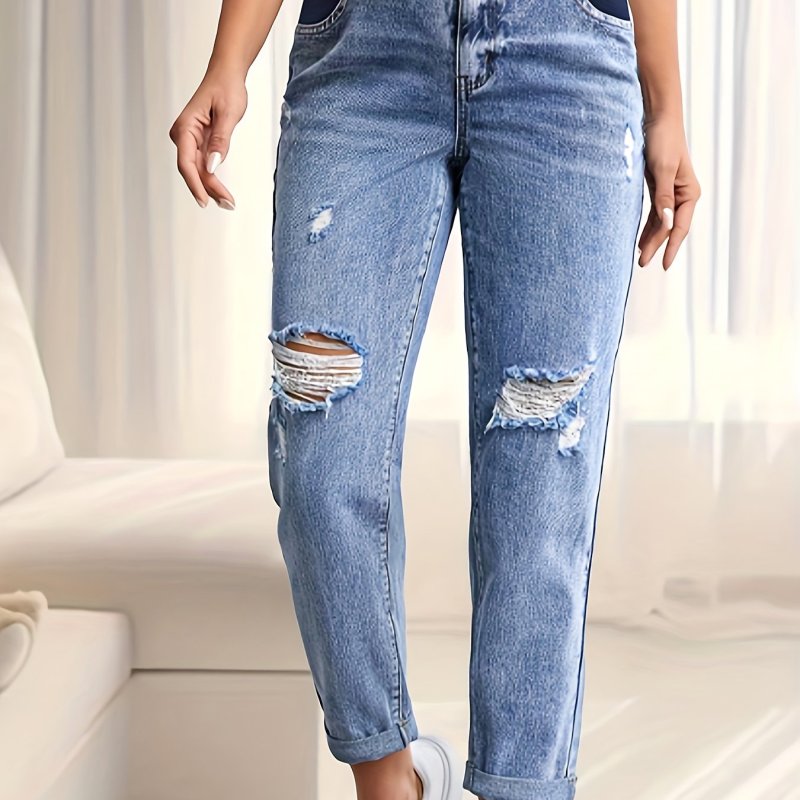 Women's Maternity Solid Ripped Denim Pants Spring Fall, Pregnant Women's Clothing