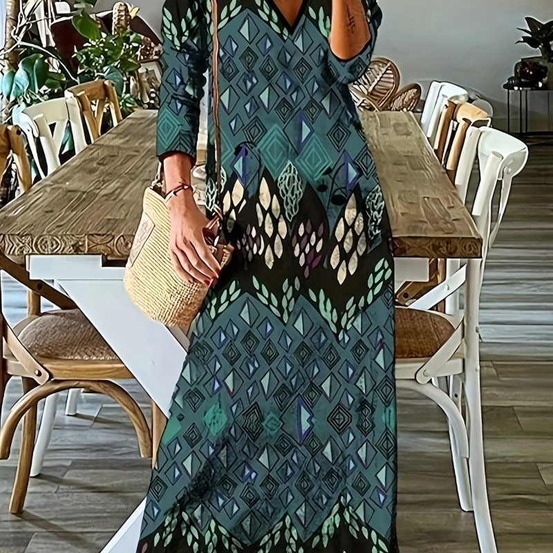 Plus Size Casual Dress, Women's Plus Geometric Print Long Sleeve V Neck Maxi Dress