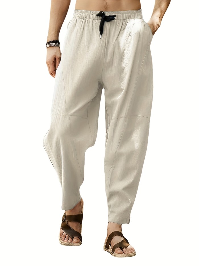 Breathable Baggy Loose Fit Pants, Men's Casual Solid Color Cotton Blend Drawstring Pants For Spring Summer