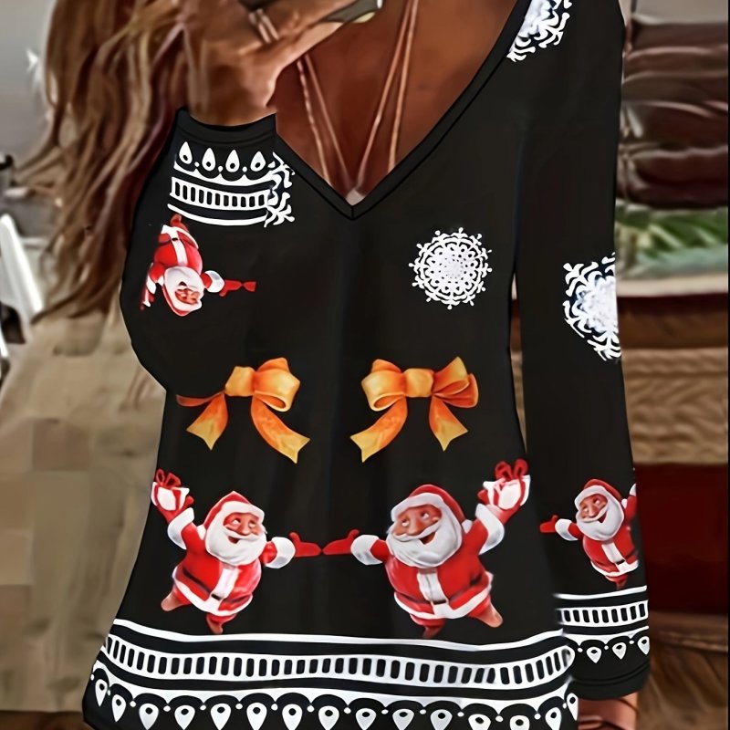 Christmas Santa & Bow Print V Neck T-Shirt, Casual Long Sleeve Top For Spring & Fall, Women's Clothing