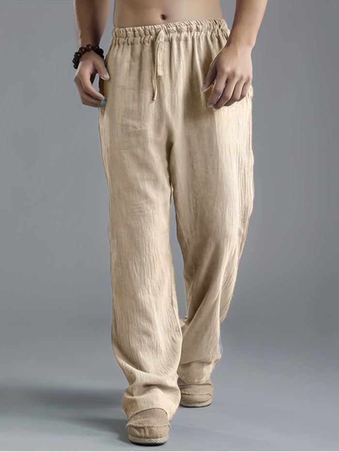 Classic Design Loose Fit Linen Joggers, Men's Casual Solid Color Breathable Loose Sweatpants For Spring Summer