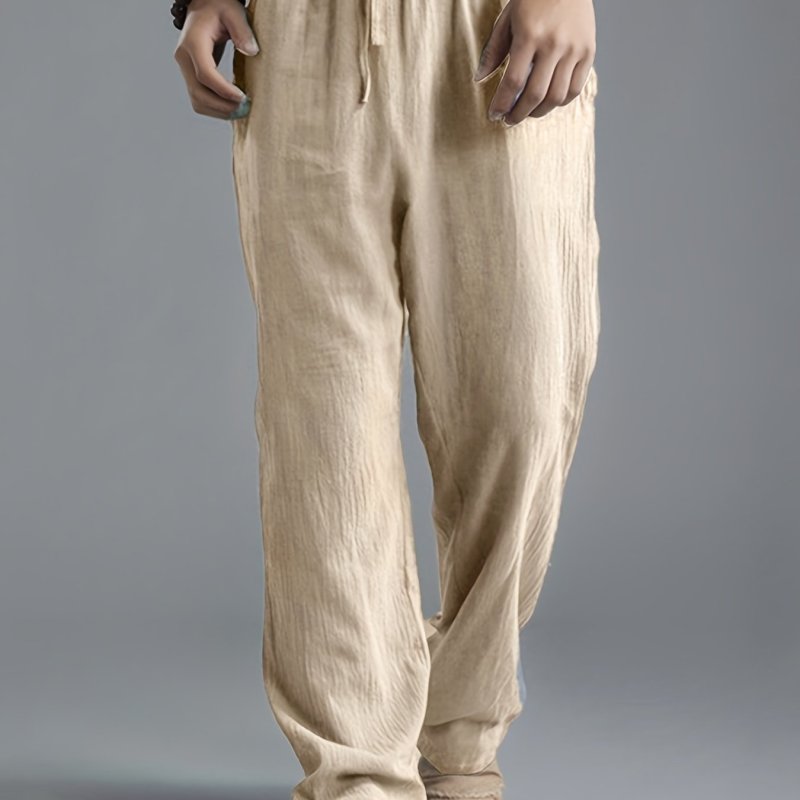Classic Design Loose Fit Linen Joggers, Men's Casual Solid Color Breathable Loose Sweatpants For Spring Summer