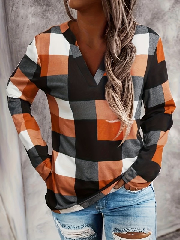 Plaid Pattern V Neck T-shirt, Casual Long Sleeve Top For Spring & Fall, Women's Clothing