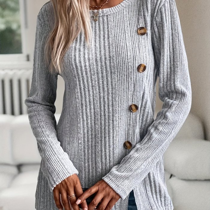 Ribbed Button Decor Crew Neck T-Shirt, Elegant Long Sleeve Top For Spring & Fall, Women's Clothing