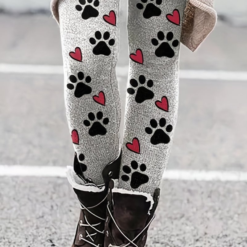 Paw & Heart Print Skinny Leggings, Casual Every Day Stretchy Leggings, Women's Clothing