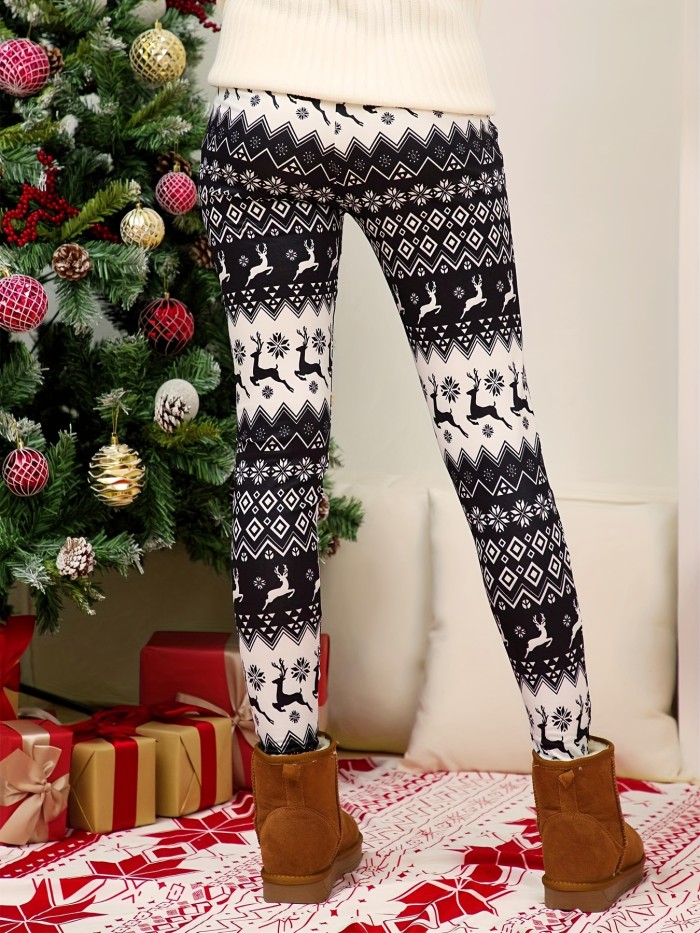 Plus Size Christmas Leggings, Women's Plus Reindeer & Argyle Print Elastic High Rise Slight Stretch Leggings