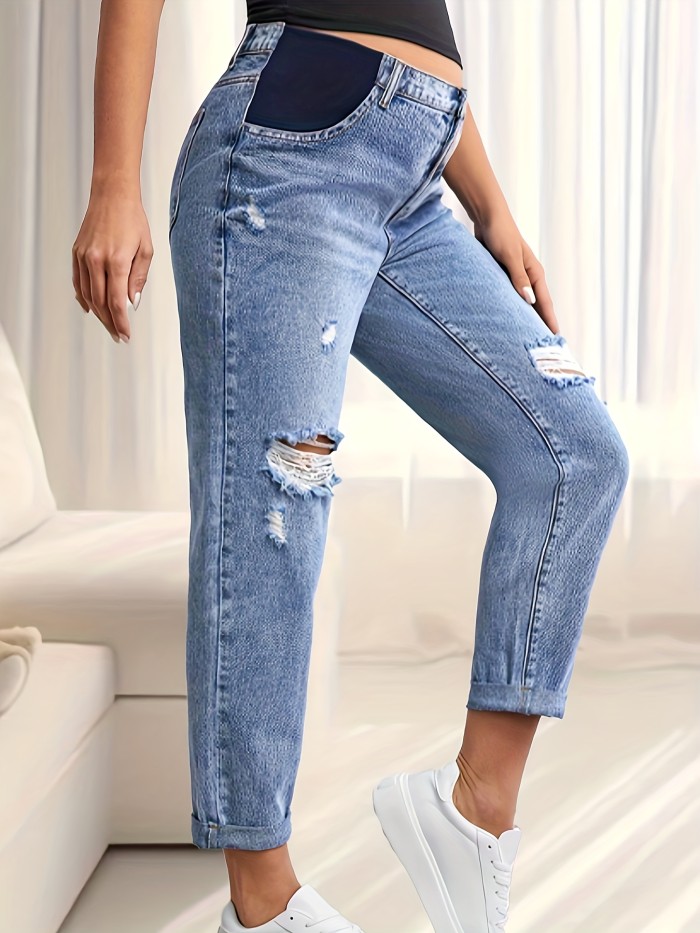 Women's Maternity Solid Ripped Denim Pants Spring Fall, Pregnant Women's Clothing