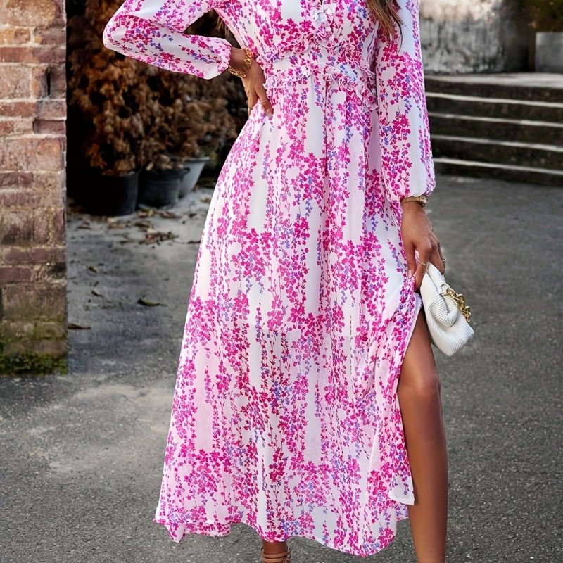 Floral Print Maxi Dress, Casual V Neck Long Sleeve Dress, Women's Clothing
