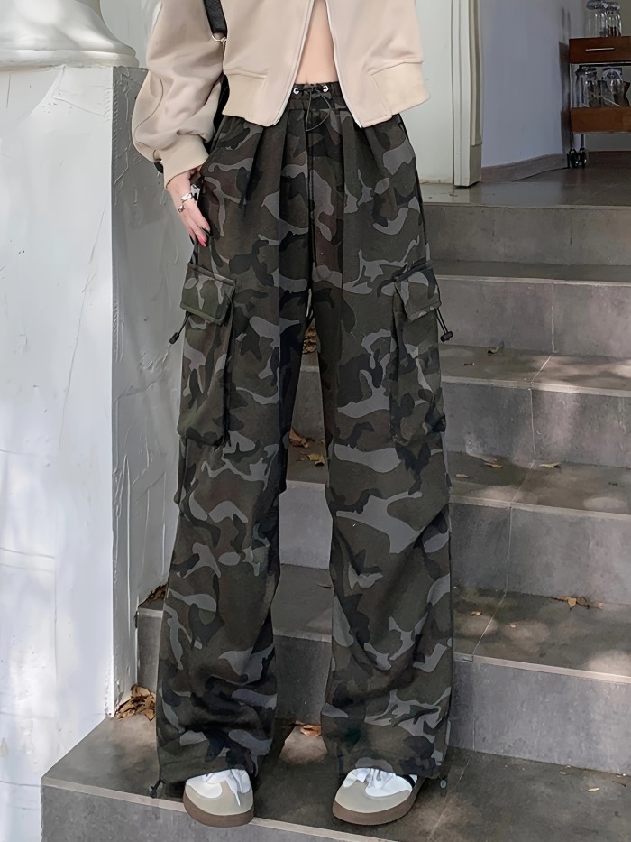 Camo Print Flap Pockets Cargo Pants, Vintage Drawstring Loose Streetwear Pants For Fall & Winter, Women's Clothing