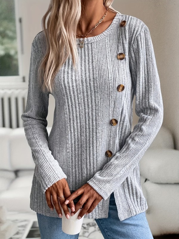 Ribbed Button Decor Crew Neck T-Shirt, Elegant Long Sleeve Top For Spring & Fall, Women's Clothing