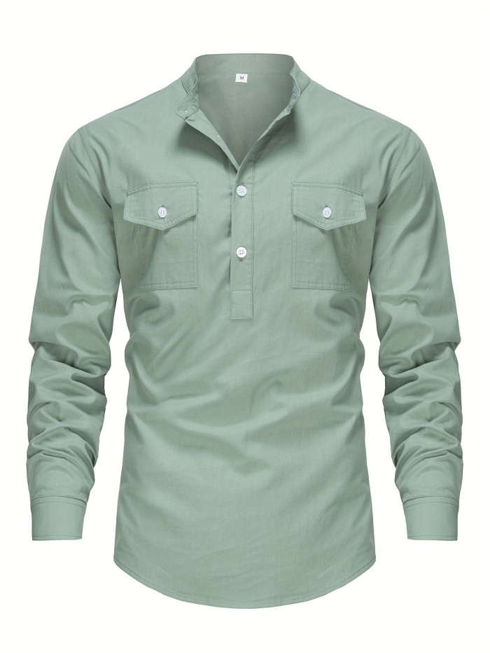 Men's Retro Cotton Long Sleeve Boat Neck Shirt With Pocket Design, Spring Fall Outdoor