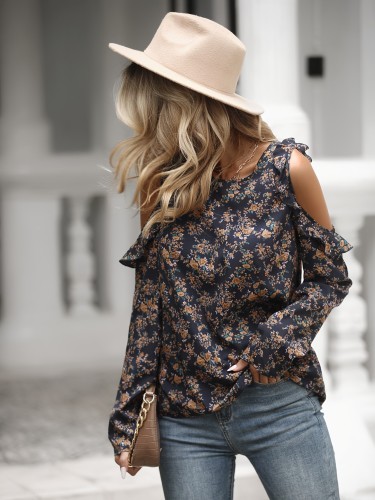 Floral Print Crew Neck Blouse, Casual Cold Shoulder Long Sleeve Blouse For Spring & Fall, Women's Clothing