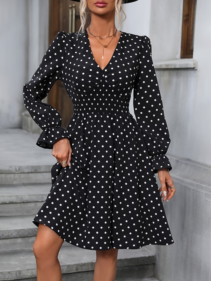 Polka Dot Ruffle Trim Dress, Elegant Shirred V Neck Long Sleeve Dress, Women's Clothing