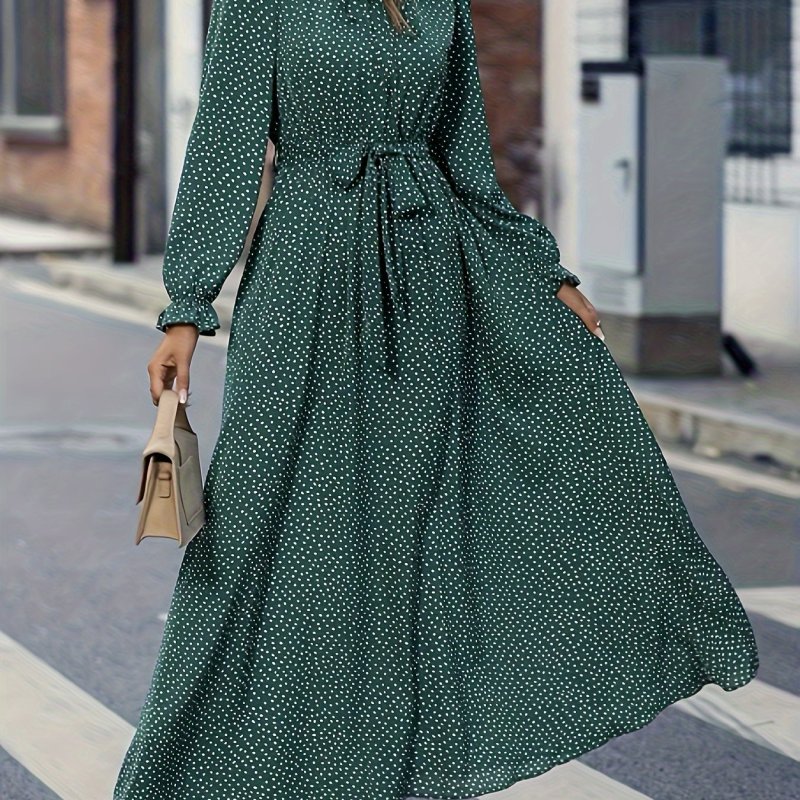 Polka Dot Lettuce Trim Dress, Casual Flowy Tie Neck Lantern Long Sleeve Tie Waist Maxi Dress, Women's Clothing