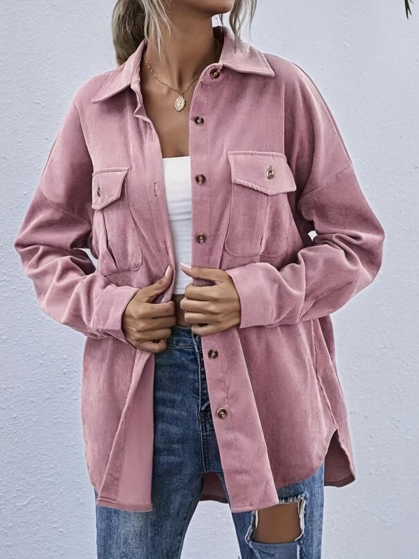 Drop Shoulder Fall & Winter Jacket, Casual Solid Long Sleeve Button Front Outerwear, Women's Clothing