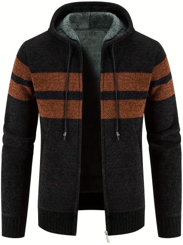 Block Color Warm Fleece Hooded Jacket, Men's Casual Slightly Stretch Zip Up Jacket Coat For Fall Winter