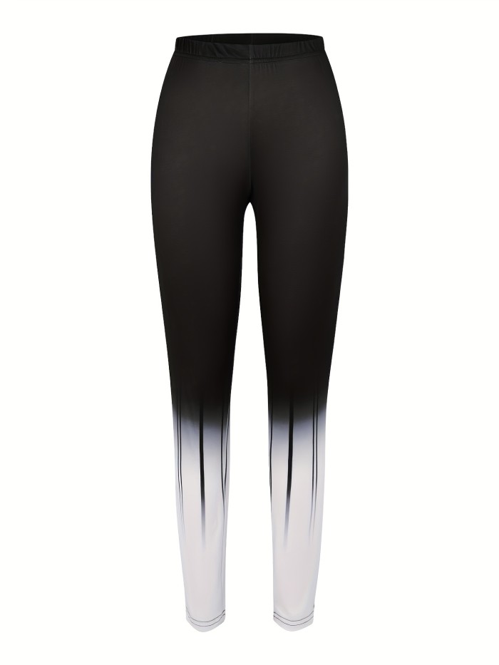 Plus Size Basic Leggings, Women's Plus Striped Print Ombre High Rise Stretchy Skinny Leggings