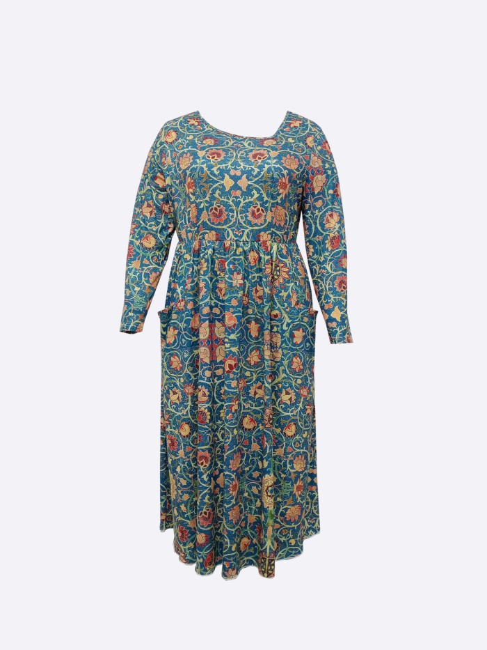 Plus Size Casual Dress, Women's Plus Floral Print Long Sleeve Irregular Neck Dress With Pockets